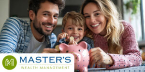 Couple showing their child good financial habits, using a pink piggy bank.