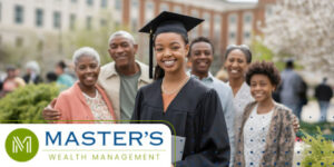College student in front of her family, whose financial goals alignment allowed her to continue her education.