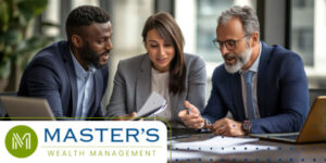 Couple discusses their plans with a local wealth advisor, all three are wearing suit jackets in an upscale office.