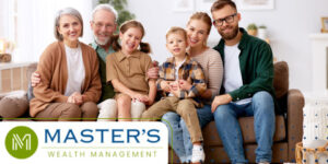 A family sits together for a portrait, with three generations shown - grandparents, adult children, and grandchildren, to illustrate the importance of life insurance.