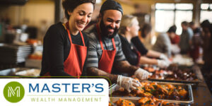 Volunteers work at a local community foodbank, smiling and serving food.