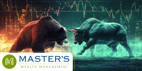 A bull and a bear face each other, frozen as if they were about to clash, overlaid on a virtual rendering of a stock market ticker in the background